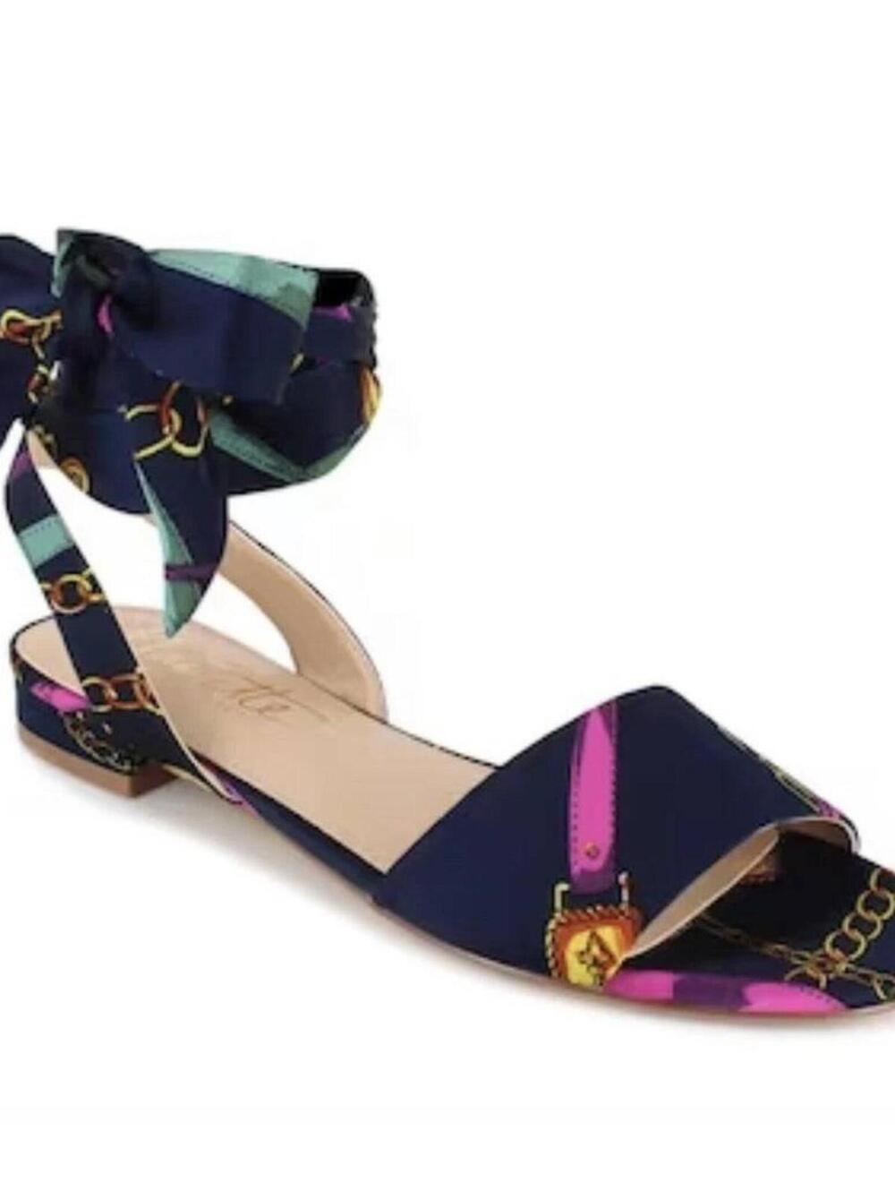Nanette Lepore Gabriella US 9.5 Navy Scarf Print Satin Ankle Wrap Flat Sandals